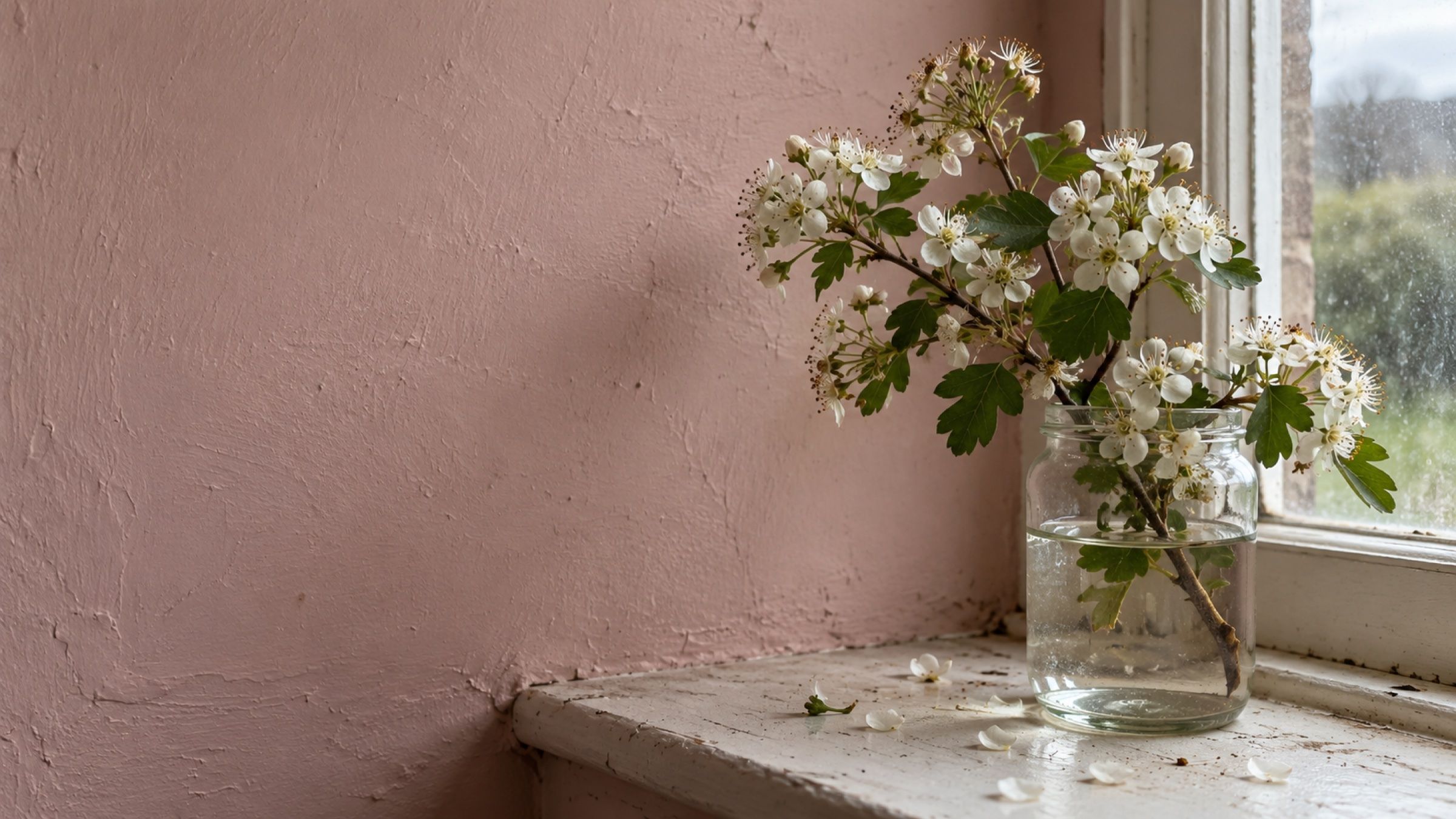 A branch of white hawthorn blossom in a glass jar on a cottage windowsill